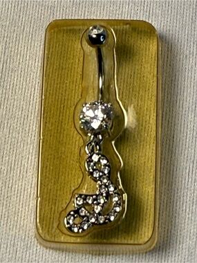 Cato White Crystal Belly Button Ring with Dangle Cursive “S” as in Sexy